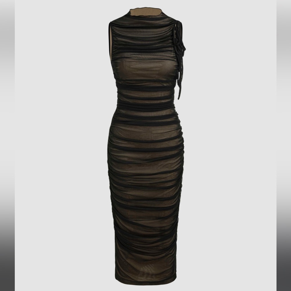 Cider Sheer Ruched Black Midi Dress - Picture 1 of 7